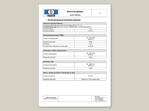 record FlipFlow, Bilan Énergétique, Donnés techniques de l’alimentation électrique